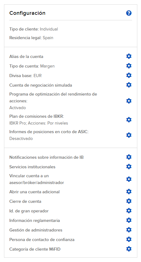 Opciones de configuración de perfil de Interactive Brokers